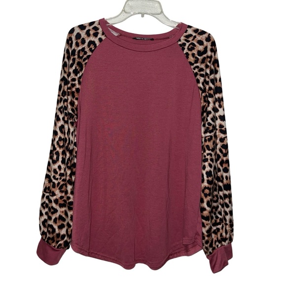 Pink Leopard Sequin Splicing Sleeves Textured Knit Top